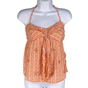 Wet Seal Vintage Womens M Y2K Babydoll Cami Halter Top Peach Floral Embellished